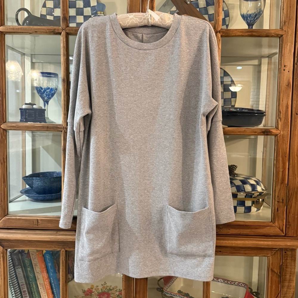 Gray Long Sleeve Casual Dress with Pockets Stretch Knit Oversized